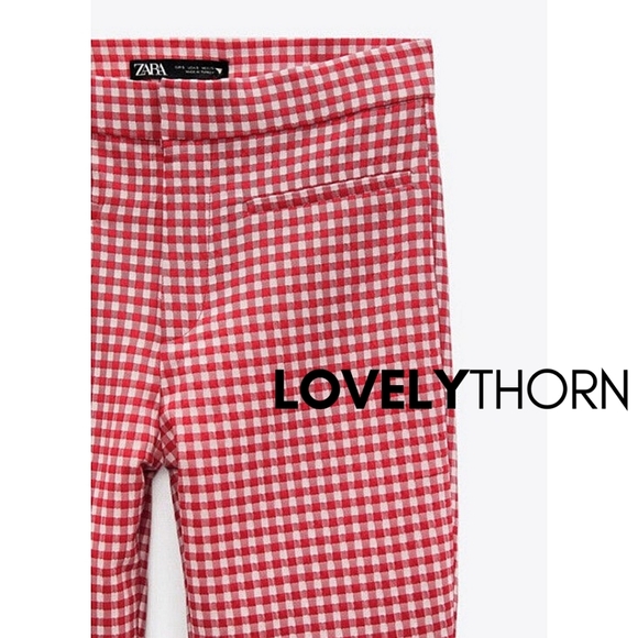 ZARA // red & white textured gingam hi waist crop mini flare pants - Picture 7 of 14